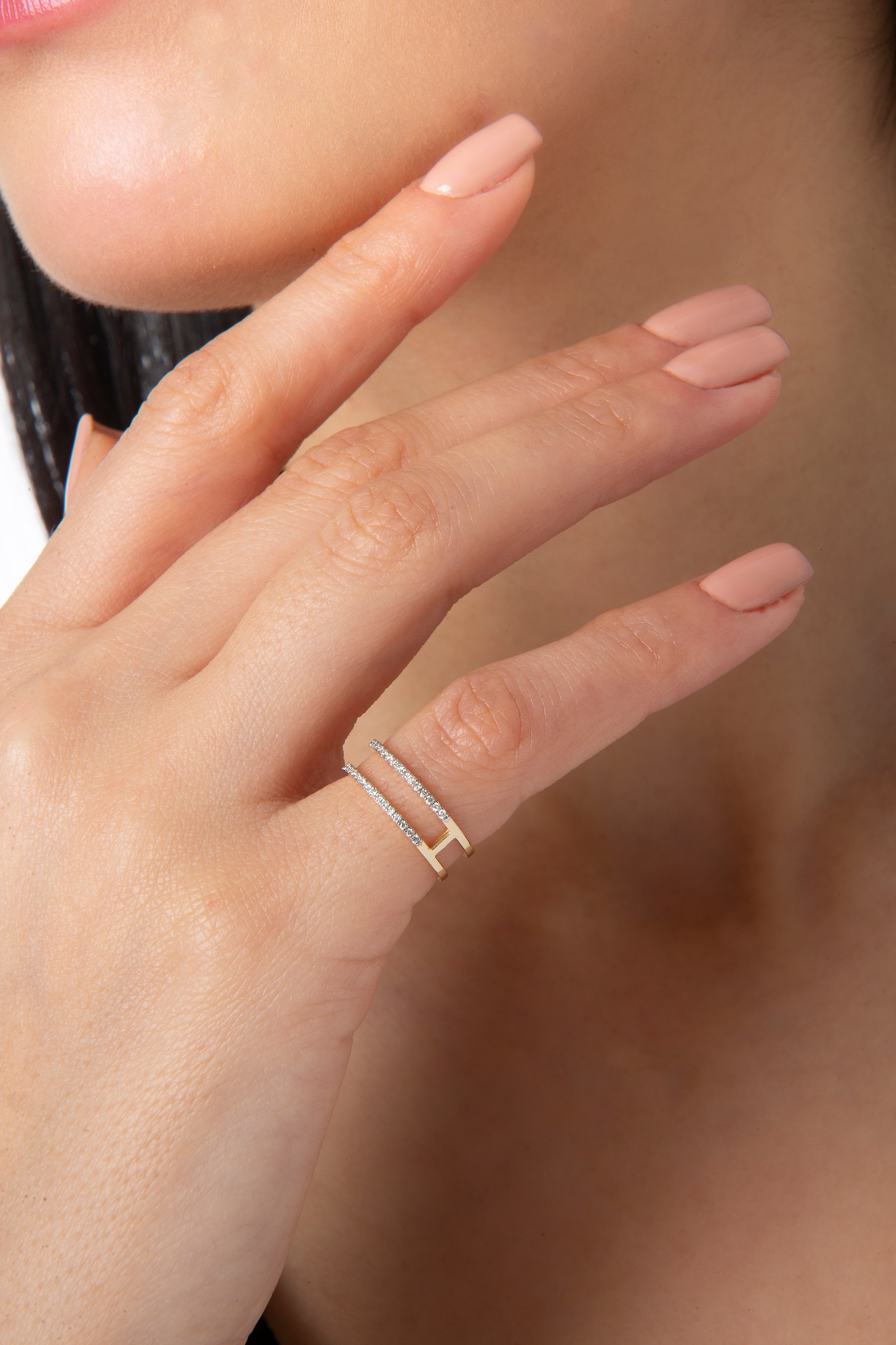 Double Diamond Line Midi Ring in Yellow Gold - Her Story Shop